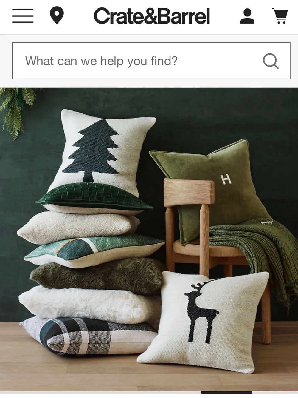 Crate&Barrel Green and Cream Holiday Pillow Set with Tree and Reindeer Motifs